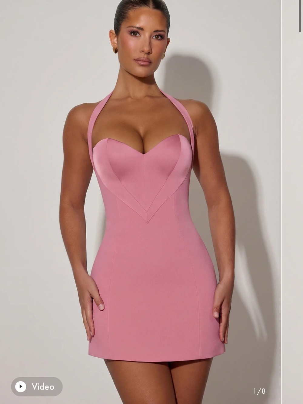 Oh Polly Heart-Detail Halterneck A-Line Mini Dress in Dusty Pink